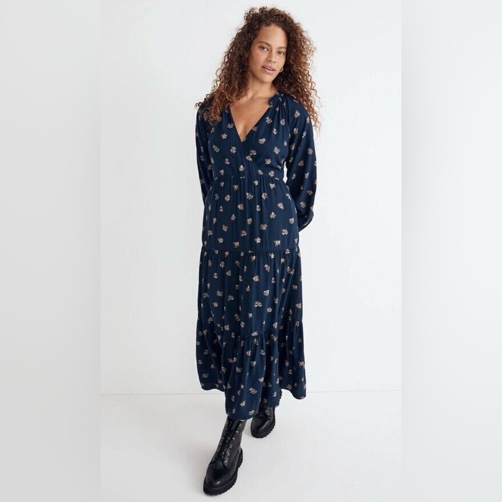 Madewell Navy Floral Challis Midi Dress V-Neck Ruffle Bubble Sleeve Flowy 1X